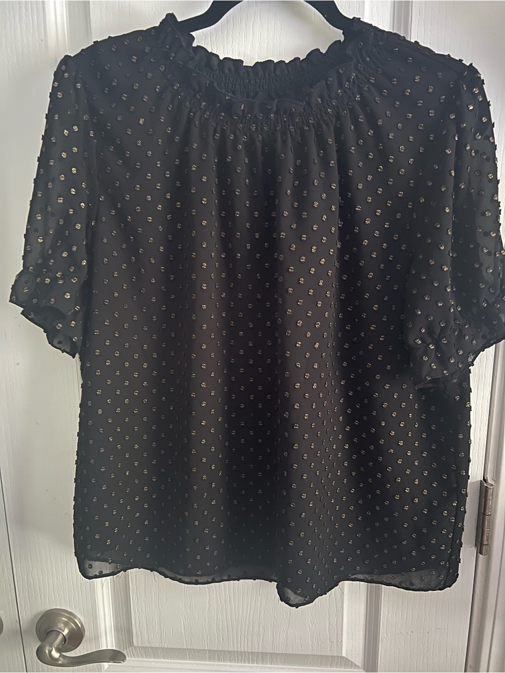 J. Crew Black Short Sleeve Blouse with Metallic Dot Detail